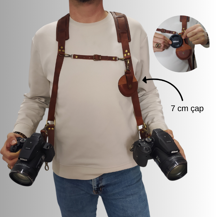 Tobacco rengi Deri Çift Taraflı Fotoğraf Makinesi Omuz Askısı - İki Kamera Taşıma Kayışı
