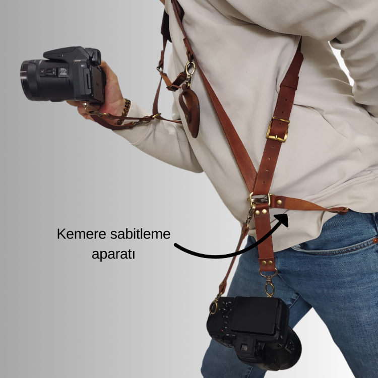 Tobacco rengi Deri Çift Taraflı Fotoğraf Makinesi Omuz Askısı - İki Kamera Taşıma Kayışı