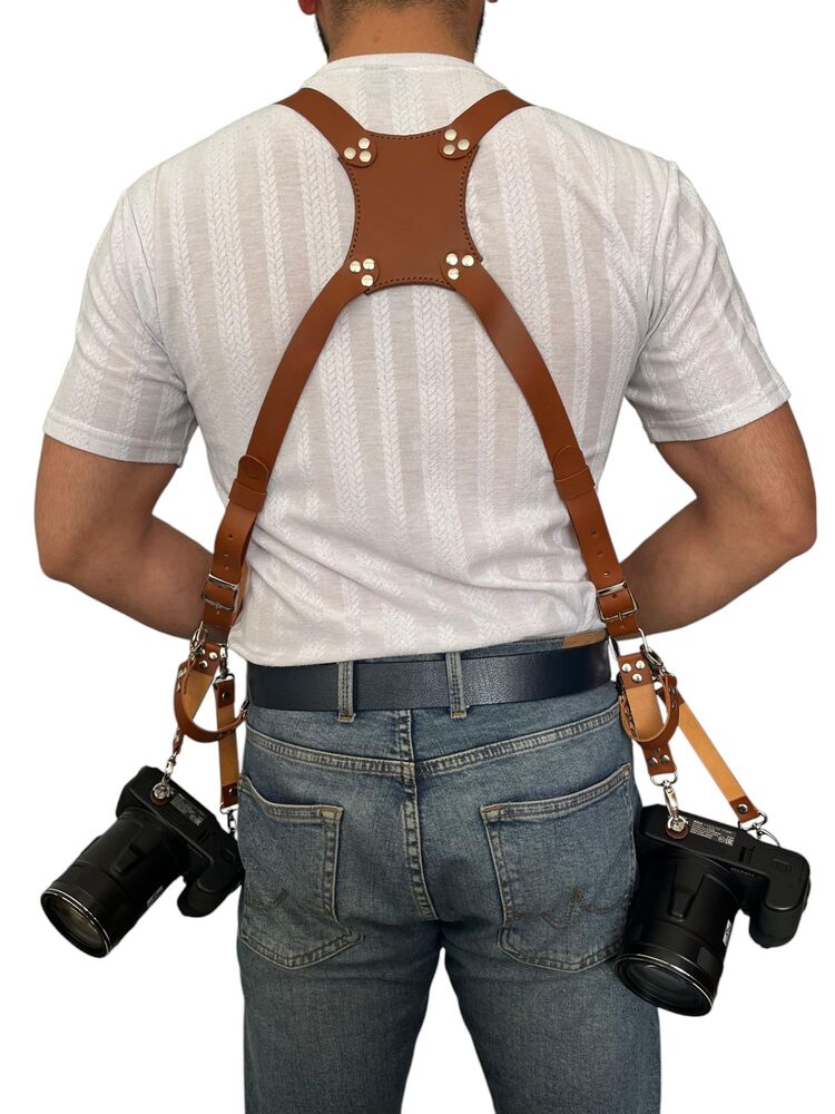 Taba Rengi Deri Çift Taraflı Fotoğraf Makinesi Omuz Askısı - İki Kamera Taşıma Kayış