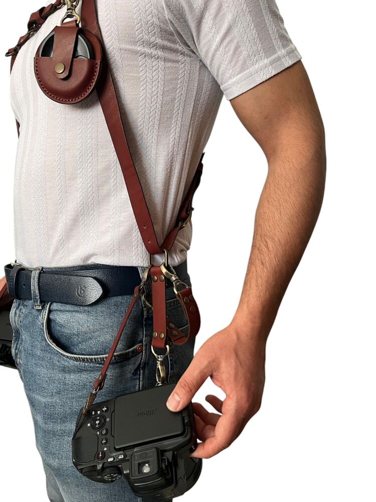 Kızıl kahve Deri Çift Taraflı Fotoğraf Makinesi Omuz Askısı - İki Kamera Taşıma Kayışı