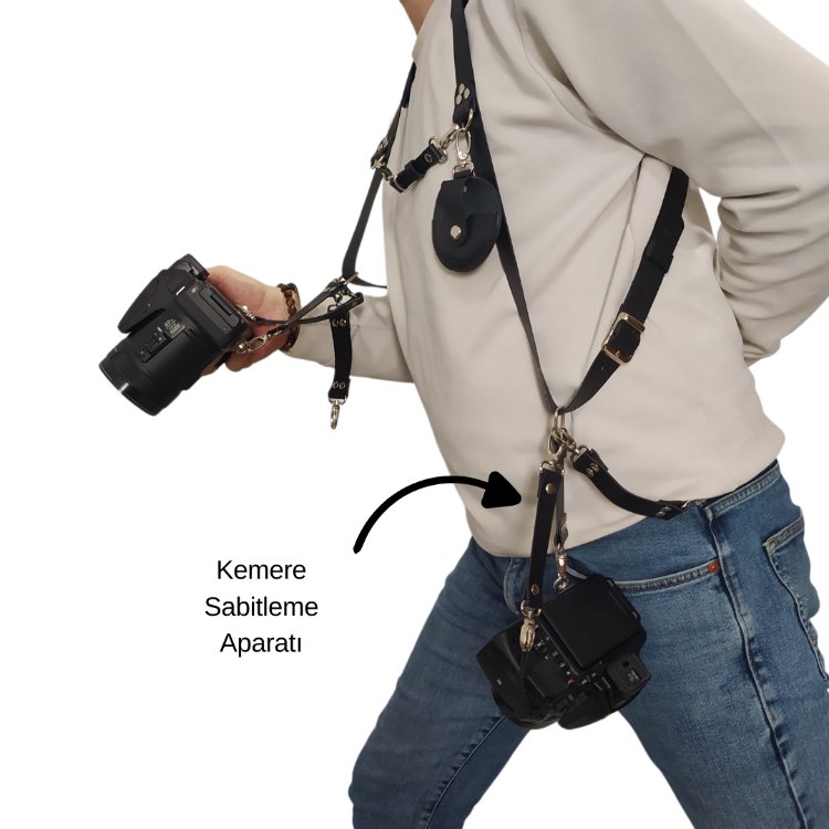 Siyah Deri Çift Taraflı Fotoğraf Makinesi Omuz Askısı - İki Kamera Taşıma Kayışı
