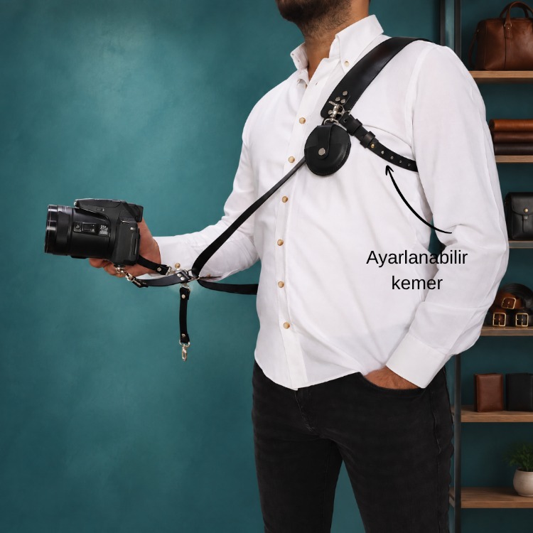 Siyah Renk Fotoğraf Makinesi Tek Taraflı Omuz Askısı Nikel renk aksesuar