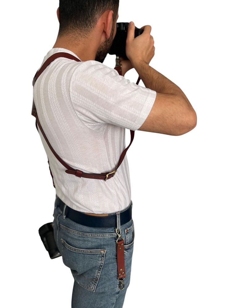 Kızıl kahve Deri Çift Taraflı Fotoğraf Makinesi Omuz Askısı - İki Kamera Taşıma Kayışı