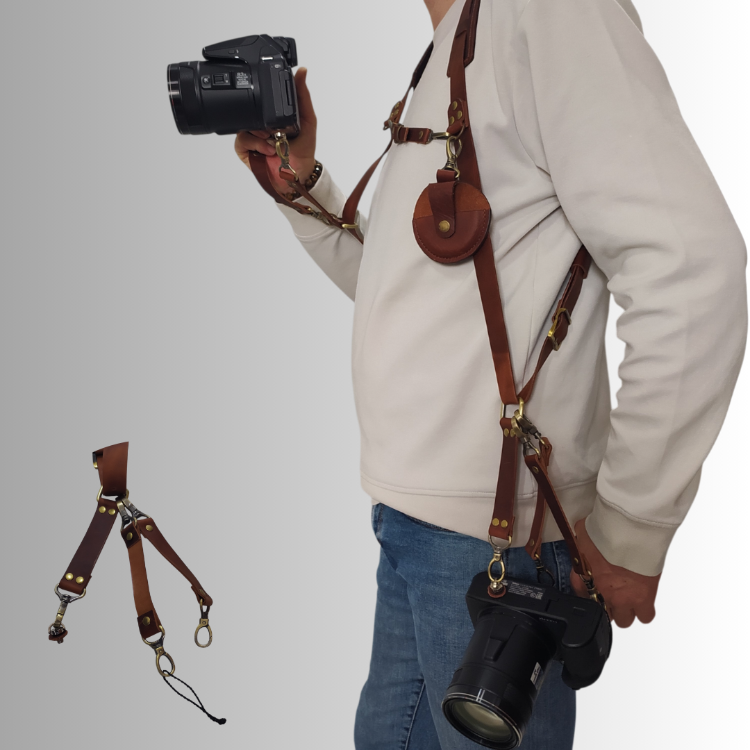 Tobacco rengi Deri Çift Taraflı Fotoğraf Makinesi Omuz Askısı - İki Kamera Taşıma Kayışı
