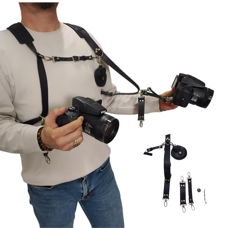 Siyah Deri Çift Taraflı Fotoğraf Makinesi Omuz Askısı - İki Kamera Taşıma Kayışı