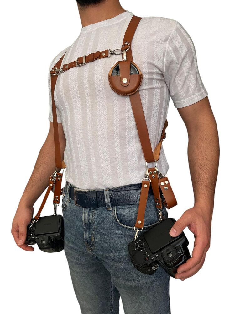 Taba Rengi Deri Çift Taraflı Fotoğraf Makinesi Omuz Askısı - İki Kamera Taşıma Kayış