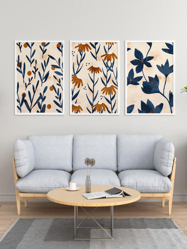 Modern Botanik Dokunuş: Minimalist Çiçek Desenli Üçlü Tablo Seti
