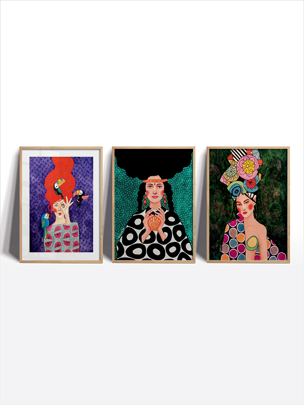 Renkli ve Desenli Figüratif Çerçeveli Tablo Seti