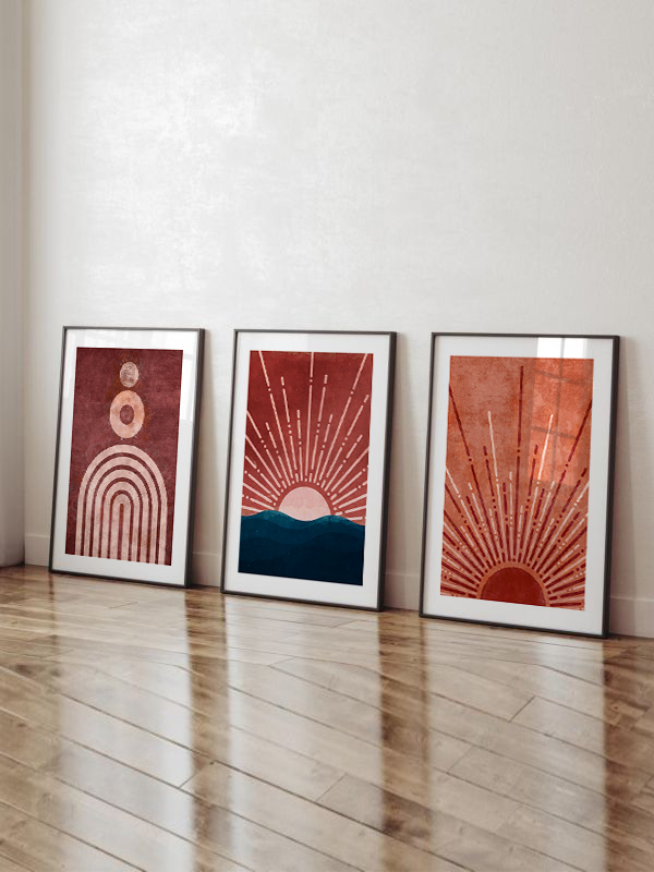 Geometrik ve Minimalist Güneş ve Yay Çerçeveli Tablo Seti