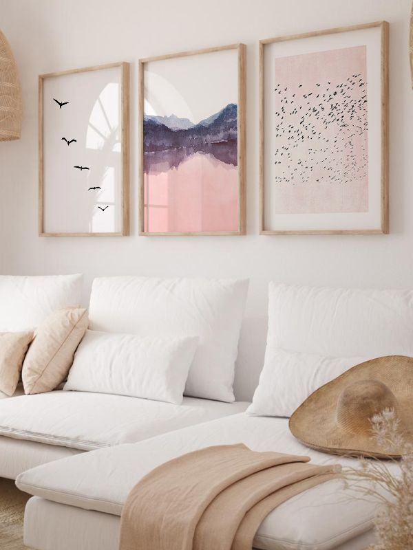 Minimalist Kuş ve Dağ Manzaralı Çerçeveli Tablo Seti