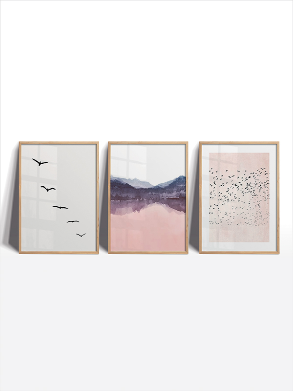 Minimalist Kuş ve Dağ Manzaralı Çerçeveli Tablo Seti