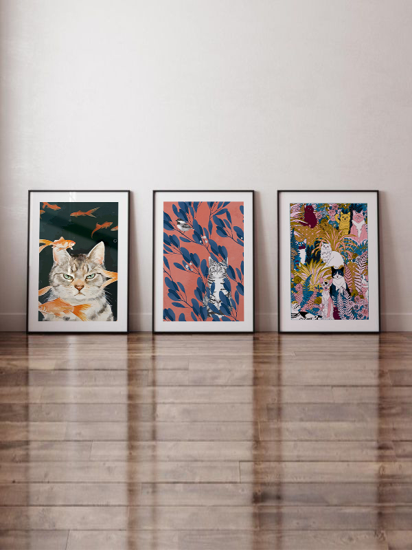 Renkli Kedi Çerçeveli Tablo Seti