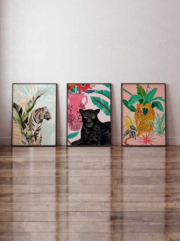 Renkli Tropikal Çerçeveli Vahşi Kedi Tablo Seti