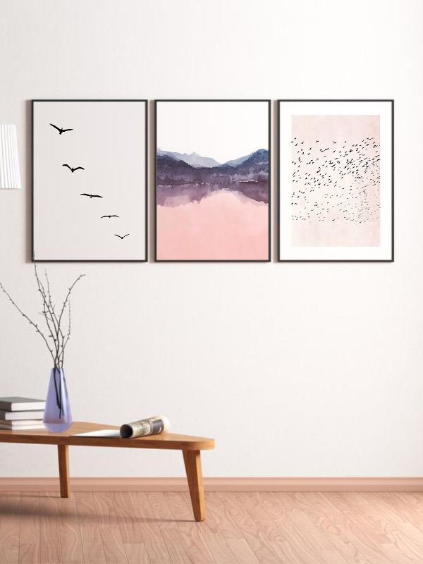 Minimalist Kuş ve Dağ Manzaralı Çerçeveli Tablo Seti