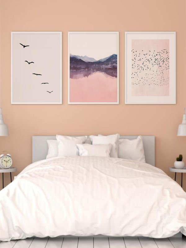 Minimalist Kuş ve Dağ Manzaralı Çerçeveli Tablo Seti
