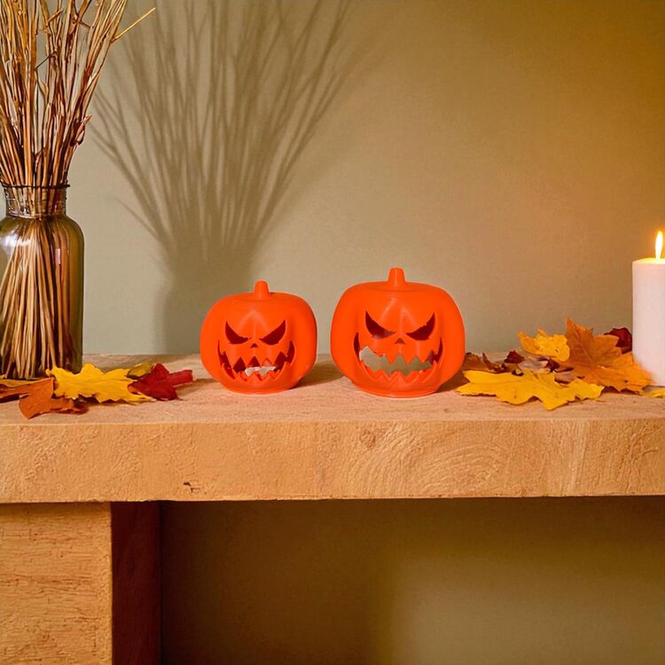 2'li Set Balkabağı Şeklinde Tealight Mumluk – Halloween Dekor