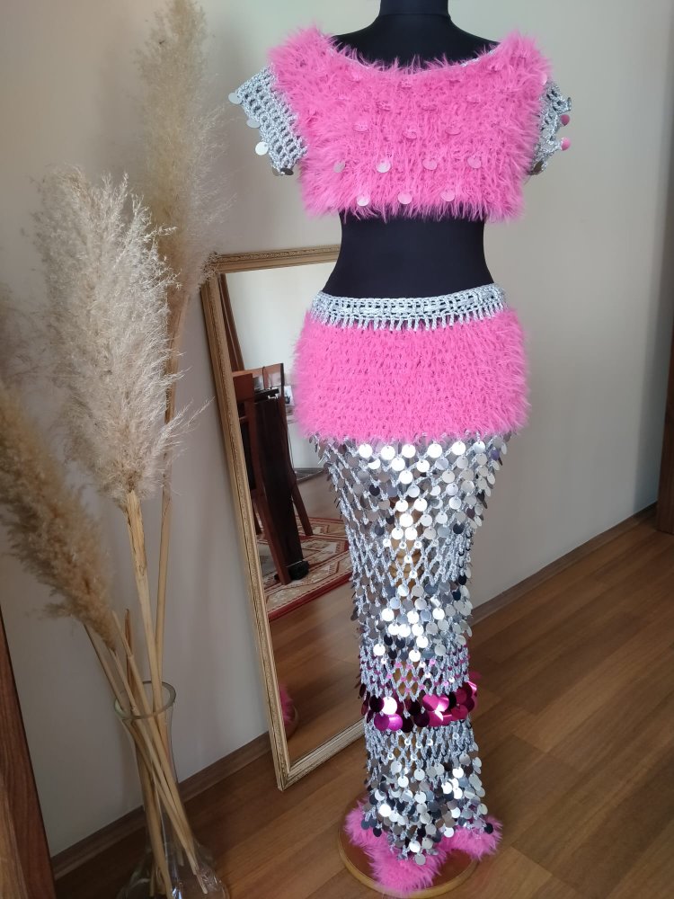 Emily - Maxi Pink Crochet Sequin Skirt Set