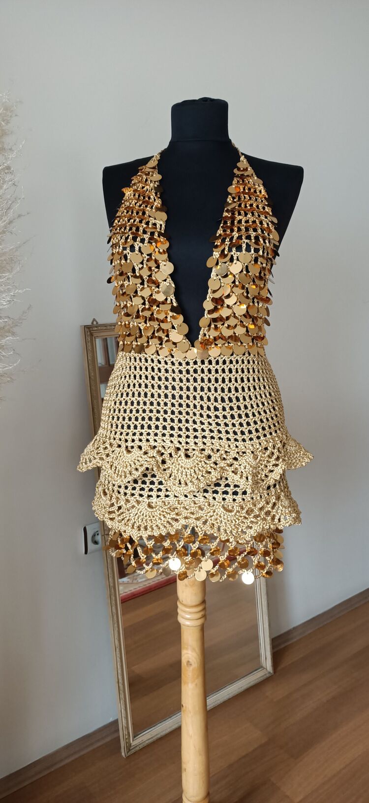 Taylor - Mini Gold Crochet Sequin Dress