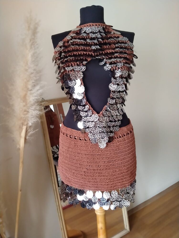 Leopard Crochet Sequin Skirt Set