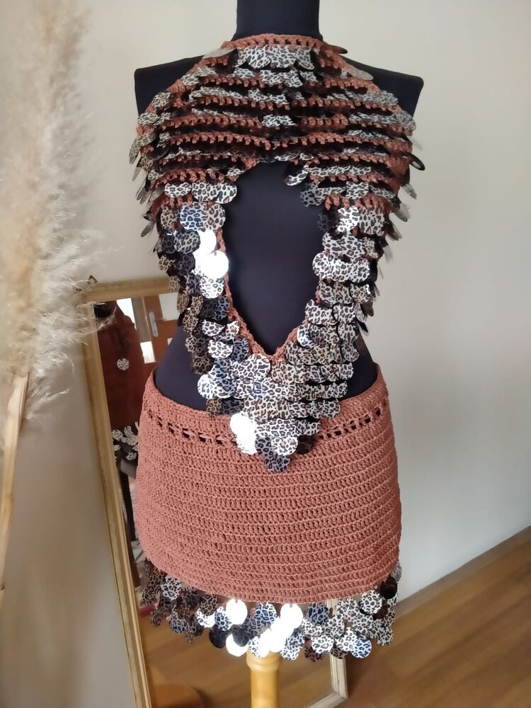 Leopard Crochet Sequin Skirt Set