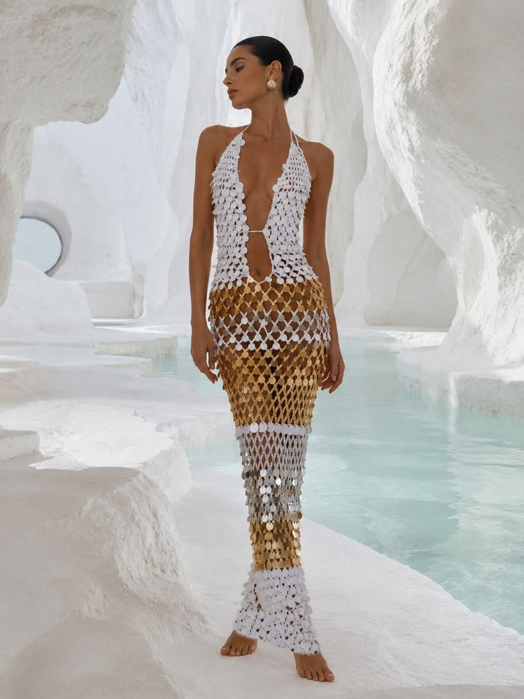 Kai White-Gold Crochet Sequin Dress