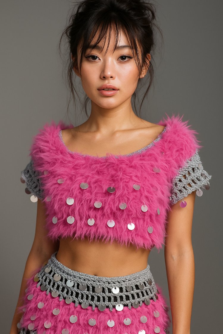 Emily - Mini Pink Crochet Sequin Skirt Set
