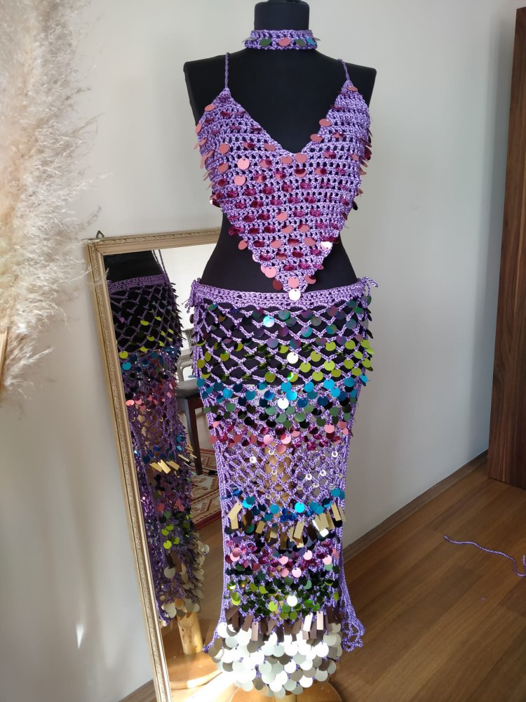 Lila Crochet Sequin Skirt Set