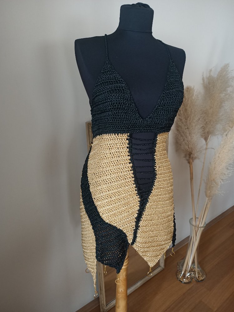 Lora Crochet Gold-Black Dress
