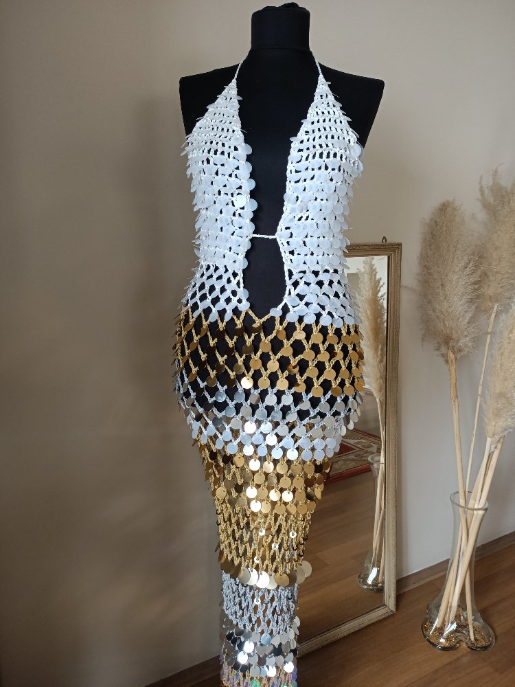 Kai White-Gold Crochet Sequin Dress