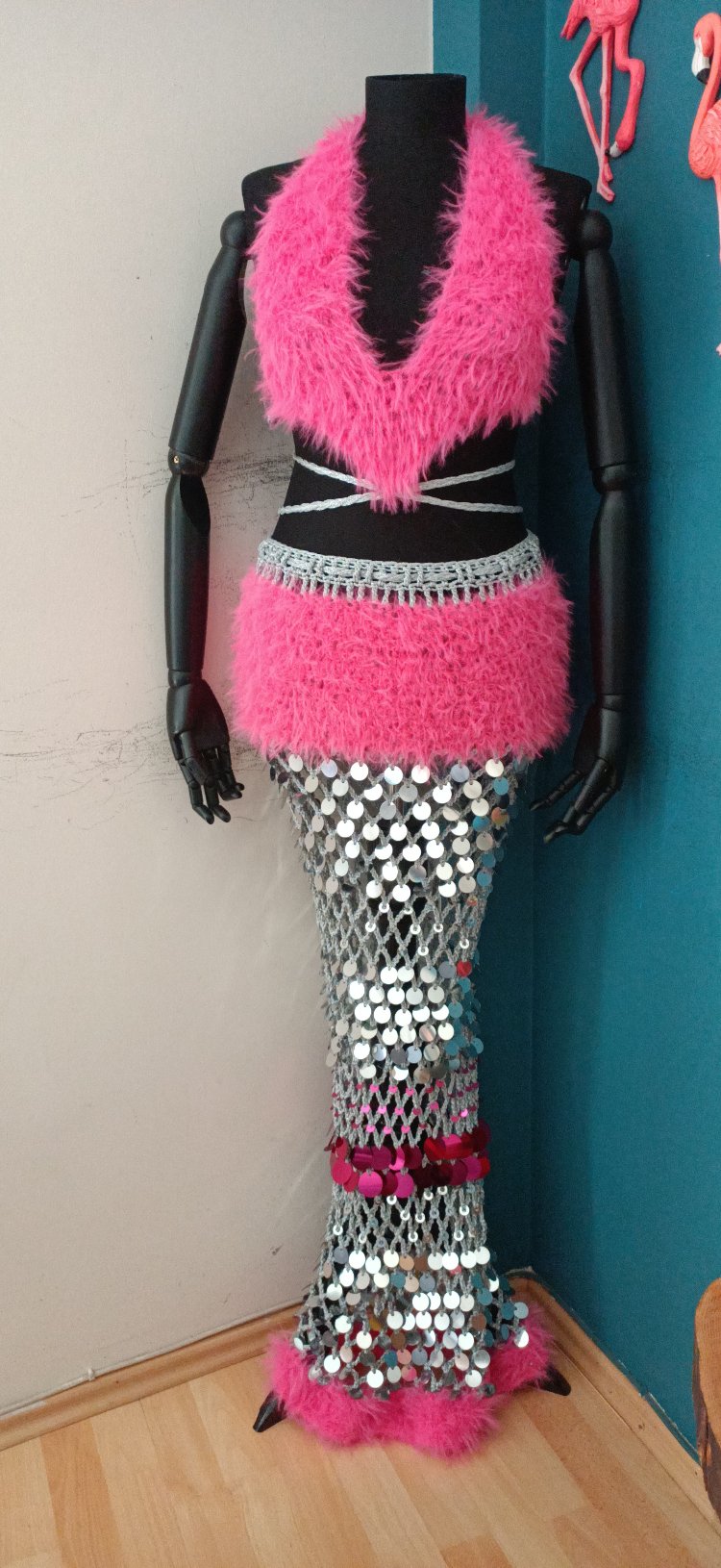 Maxi Pink Crochet Sequin Skirt Set