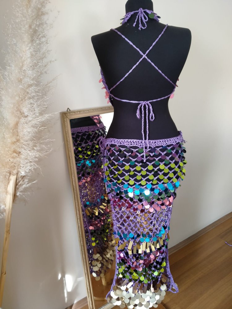 Lila Crochet Sequin Skirt Set
