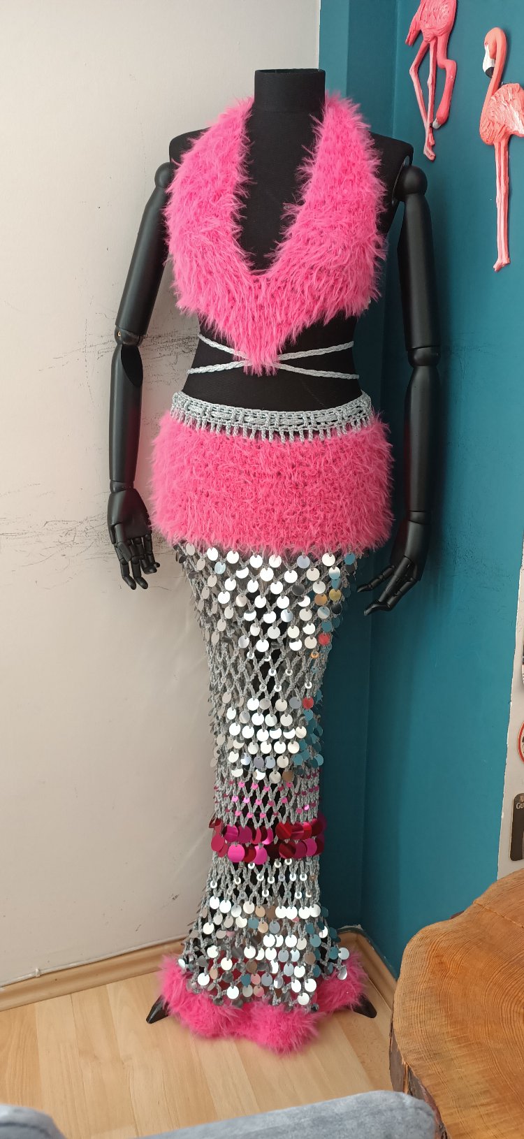 Maxi Pink Crochet Sequin Skirt Set