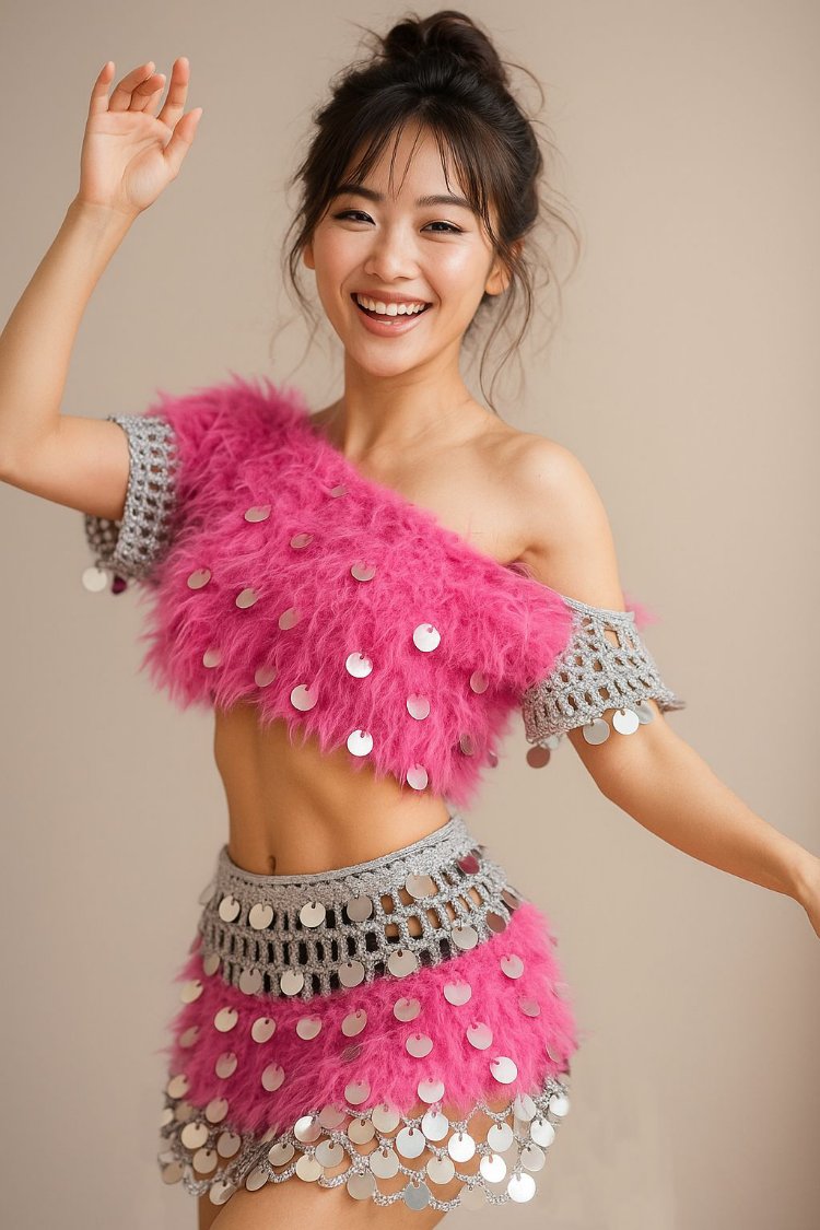 Emily - Mini Pink Crochet Sequin Skirt Set