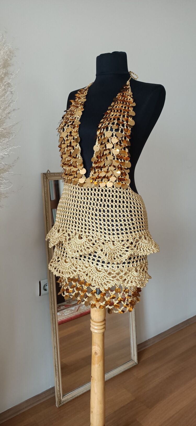 Taylor - Mini Gold Crochet Sequin Dress