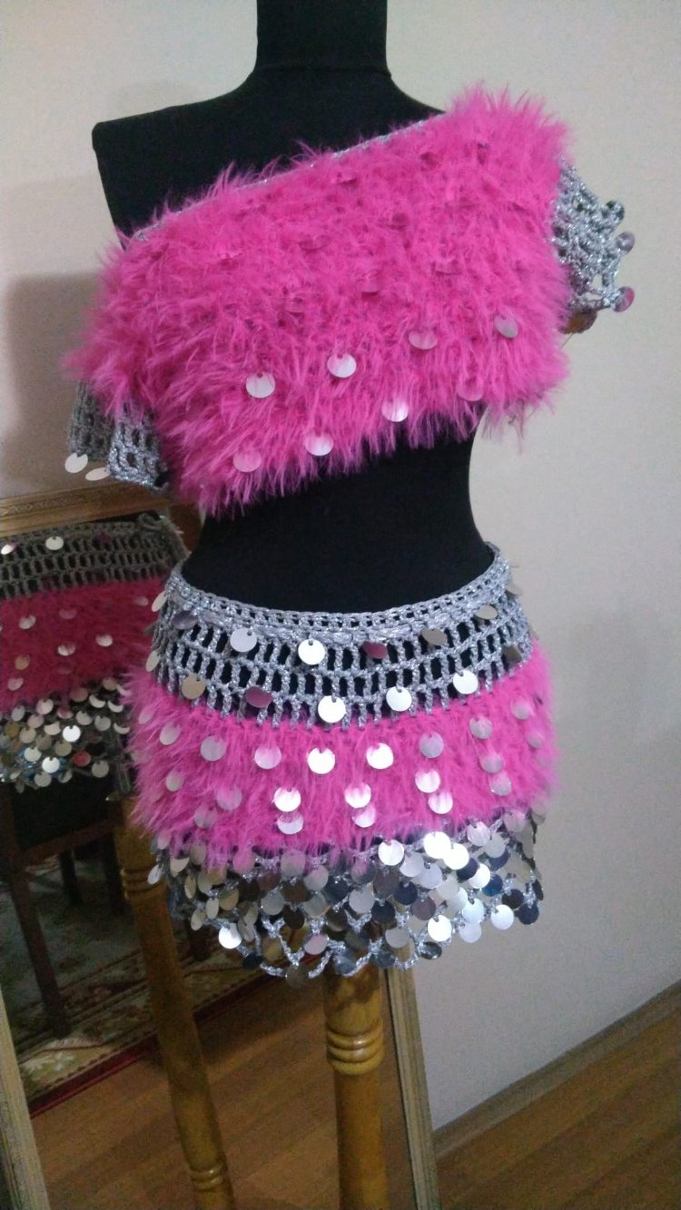 Emily - Mini Pink Crochet Sequin Skirt Set