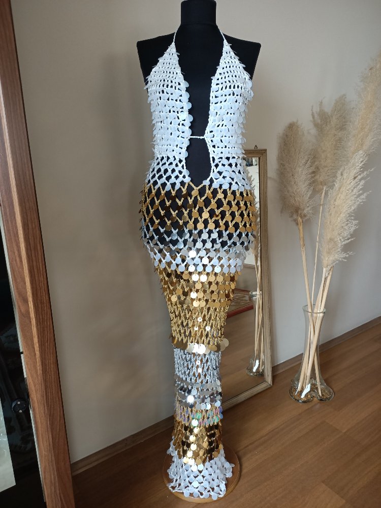 Kai White-Gold Crochet Sequin Dress