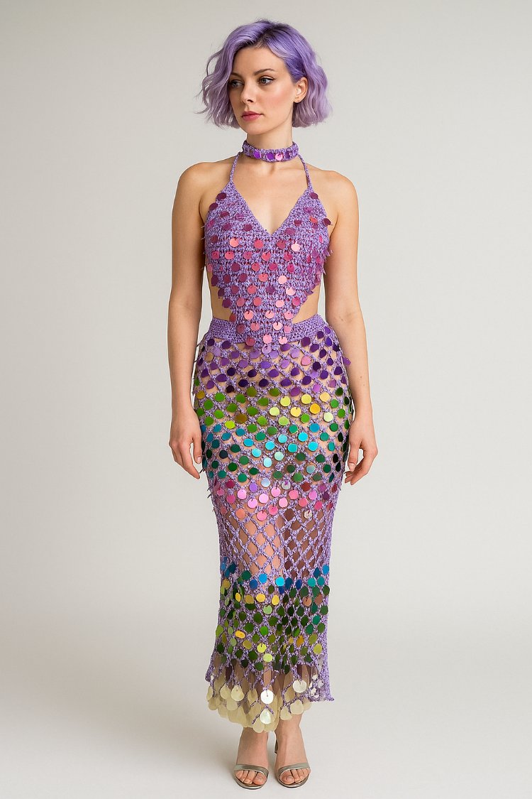 Lila Crochet Sequin Skirt Set
