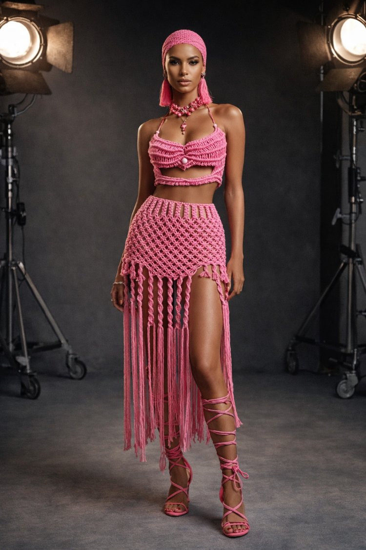 Pink Macrame Skirt Set