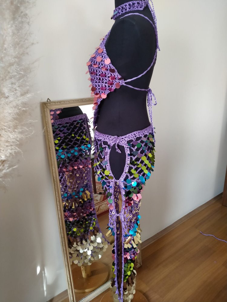 Lila Crochet Sequin Skirt Set
