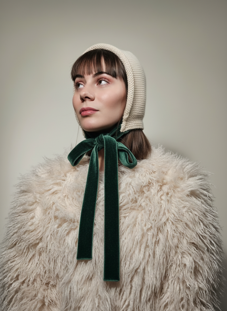 Laura-Romantik El Örgüsü Bonnet (Kadife Bağcıklı)