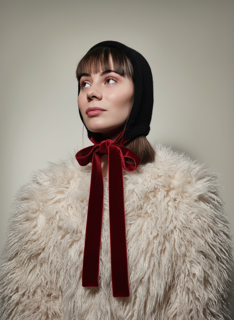 Laura-Romantik El Örgüsü Bonnet (Kadife Bağcıklı)
