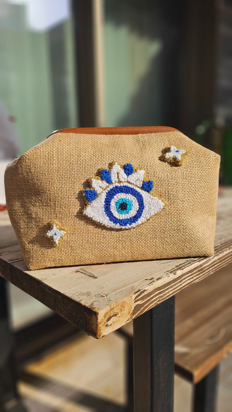 Punch İşlemeli Burslu Jüt Clutch - El Yapımı Vintage Portföy Çanta