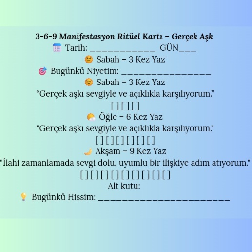 3–6–9 Manifestasyon Kartları – Yazılabilir PDF Rehber
