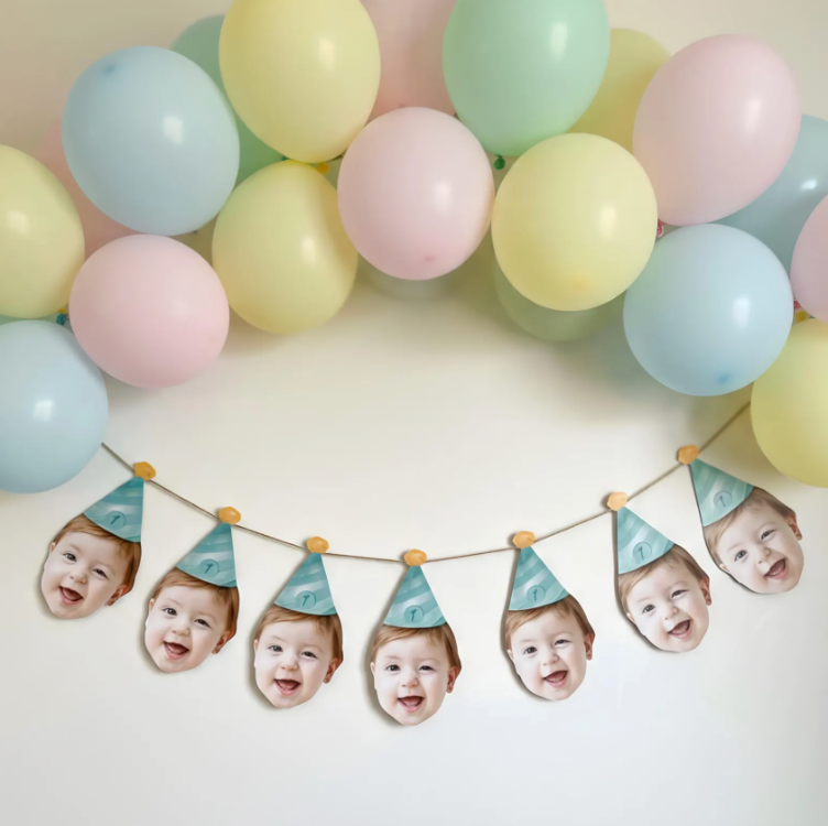 Kişiselleştirilmiş Bebek Yüzü Doğum Günü Bayrağı, Özel 1. Doğum Günü Fotoğraf Afişi