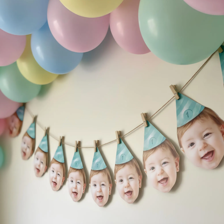 Kişiselleştirilmiş Bebek Yüzü Doğum Günü Bayrağı, Özel 1. Doğum Günü Fotoğraf Afişi