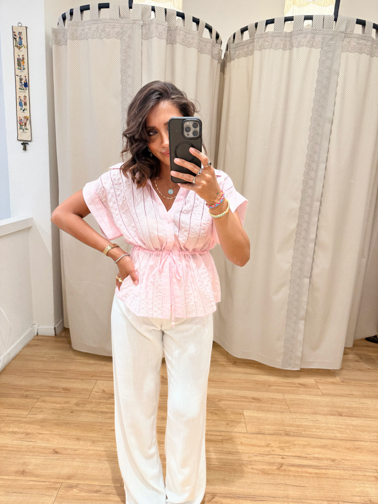 Kendinden Çizgili Önden Bağlamalı Gömlek