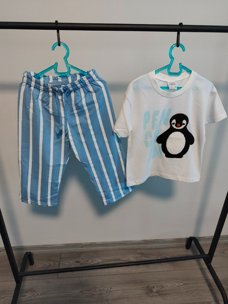 Penguen Baskılı Çizgili Erkek Çocuk Takımı