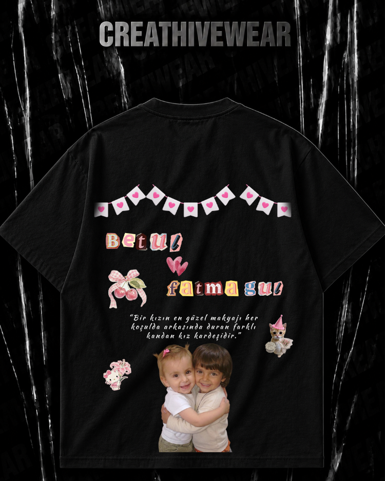 Kişiye Özel "Kız Kardeş & BFF" baskılı siyah T-shirt