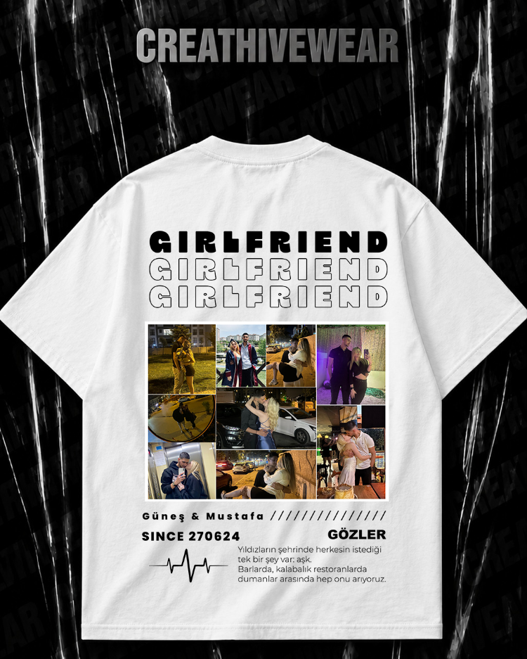 Kişiye özel “Girlfriend” baskılı beyaz T-shirt
