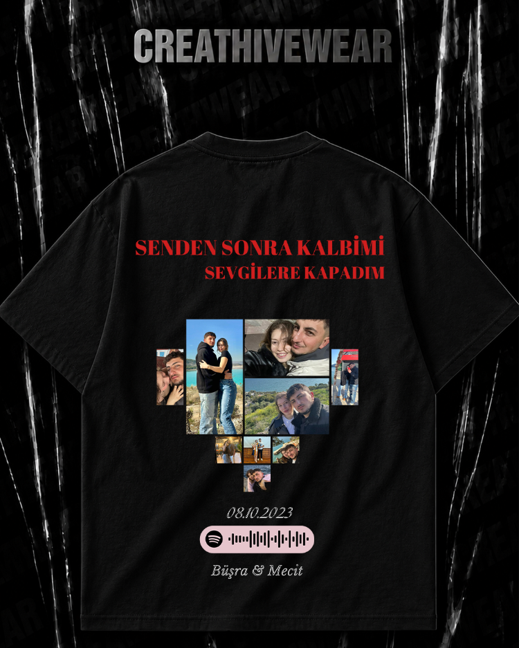 Kişiye Özel “Fotoğraflı Kalp Kolajı” baskılı siyah T-shirt